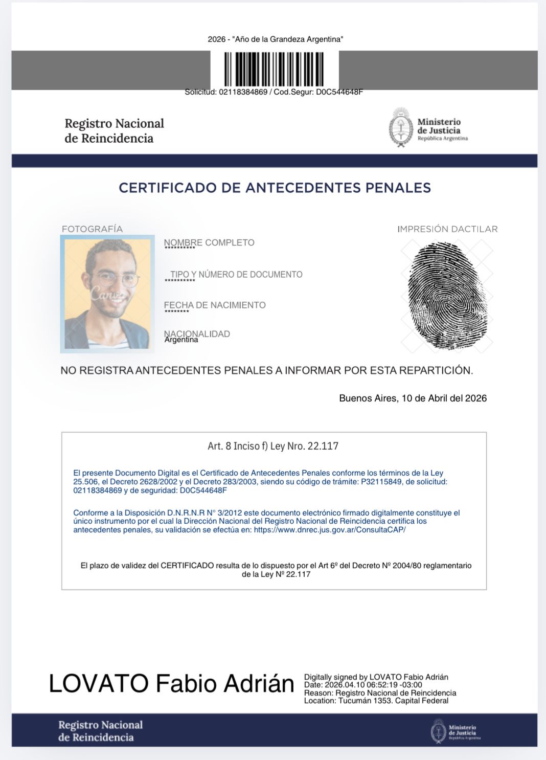 Ejemplo Certificado de Antecedentes Penales