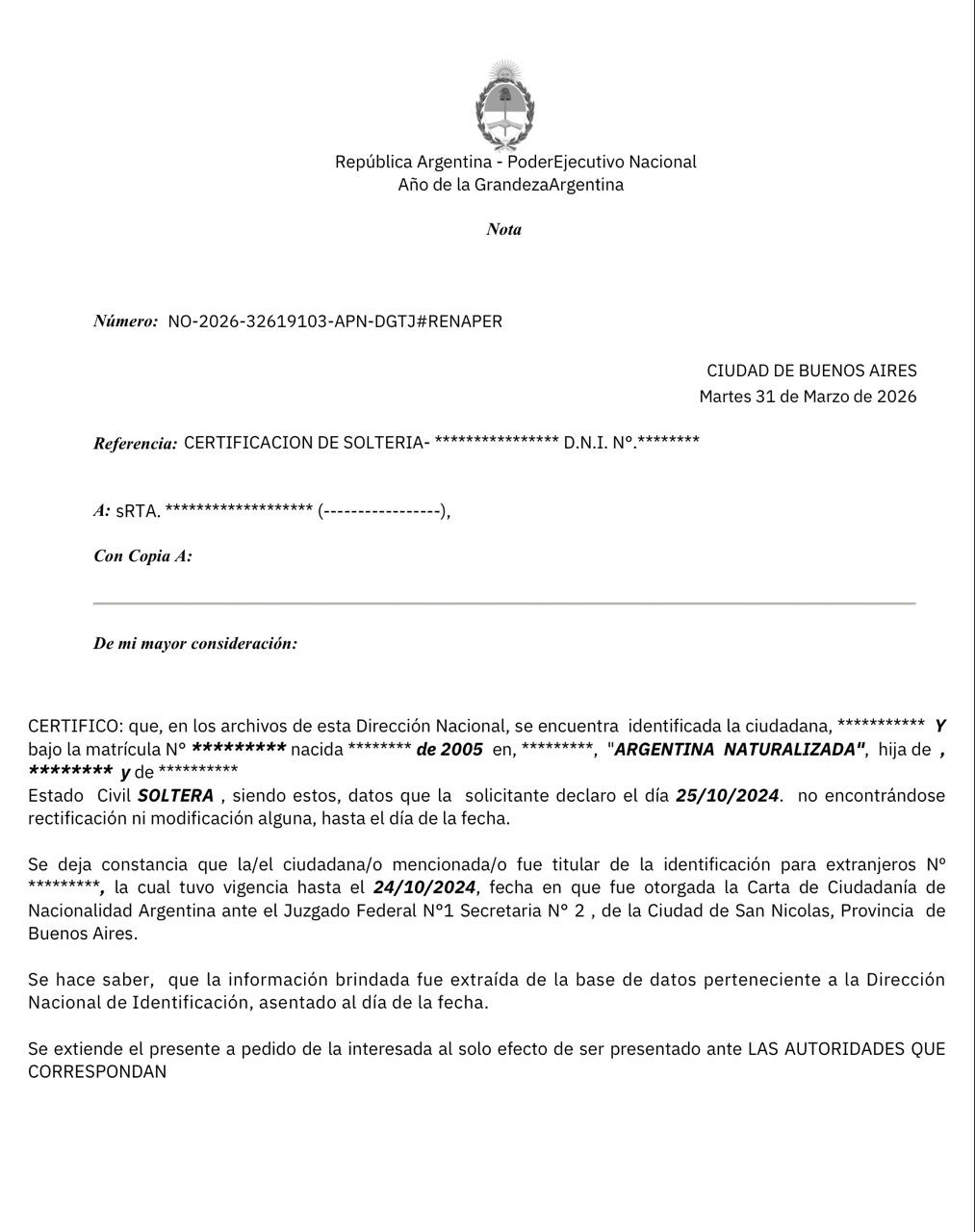 Ejemplo Certificado de Soltería